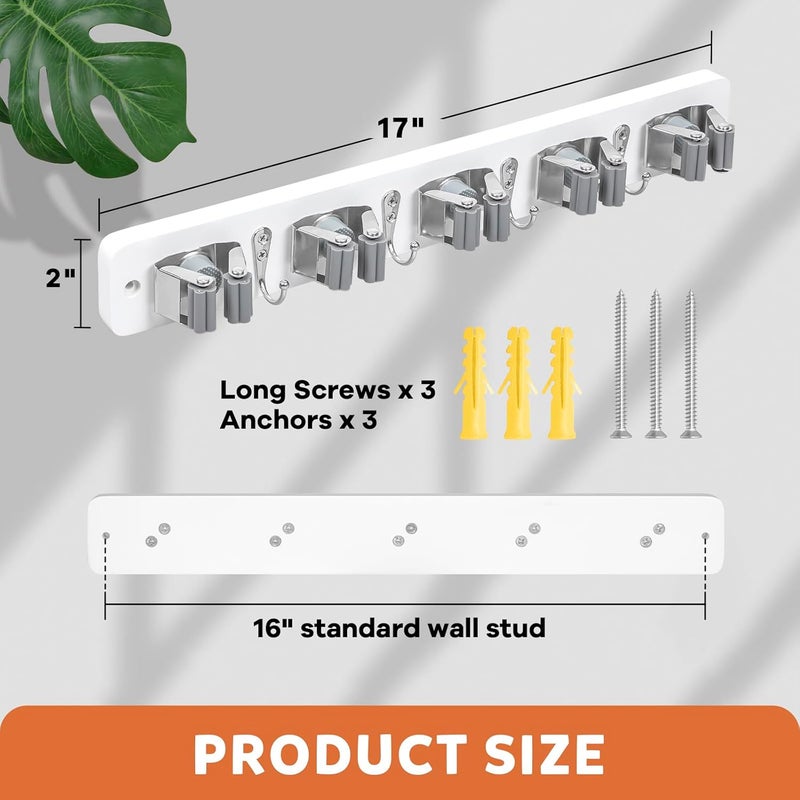 IMILLET Broom Holder Wall Mount, Wood Broom Holder with 5 Racks and 4 Hooks Broom Organizer, Laundry Room Organization and Storage, Mop Hanger for Home Organization, Garden, Garage, Closet (White) - Image 5